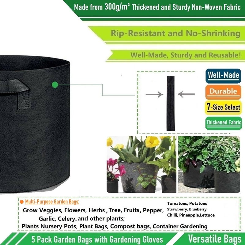 Tespher 5-Pack 2 Gallon Thickened Plant Grow Bags (8x8 inch) Garden Bags Fabric Plant Pots for Flower Pots,Herbs Veggies Planter Bag,Garden Pot,Barrel Planter,Plant Container,Nursery Bag with Gardening Gloves - Image 5